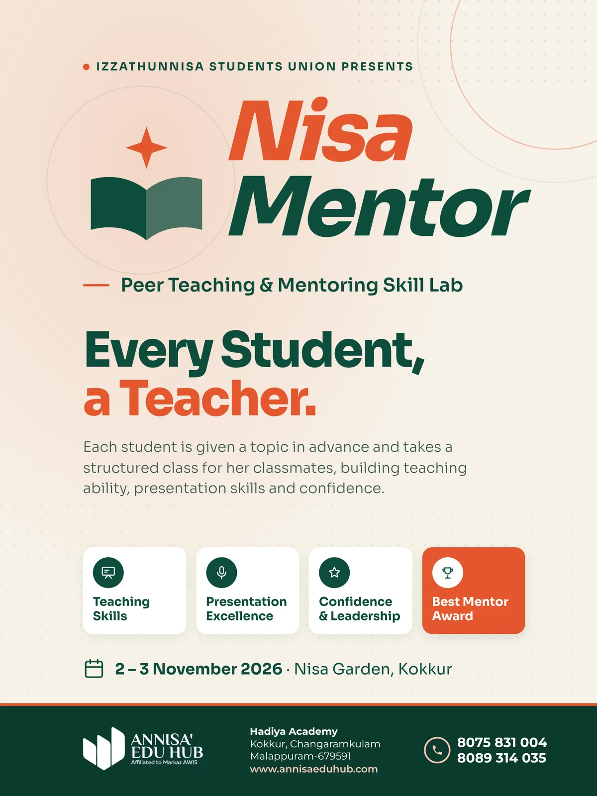 Nisa Mentor: Peer Teaching and Mentoring Skill Lab, 2 to 3 November 2026, Nisa Garden, Kokkur