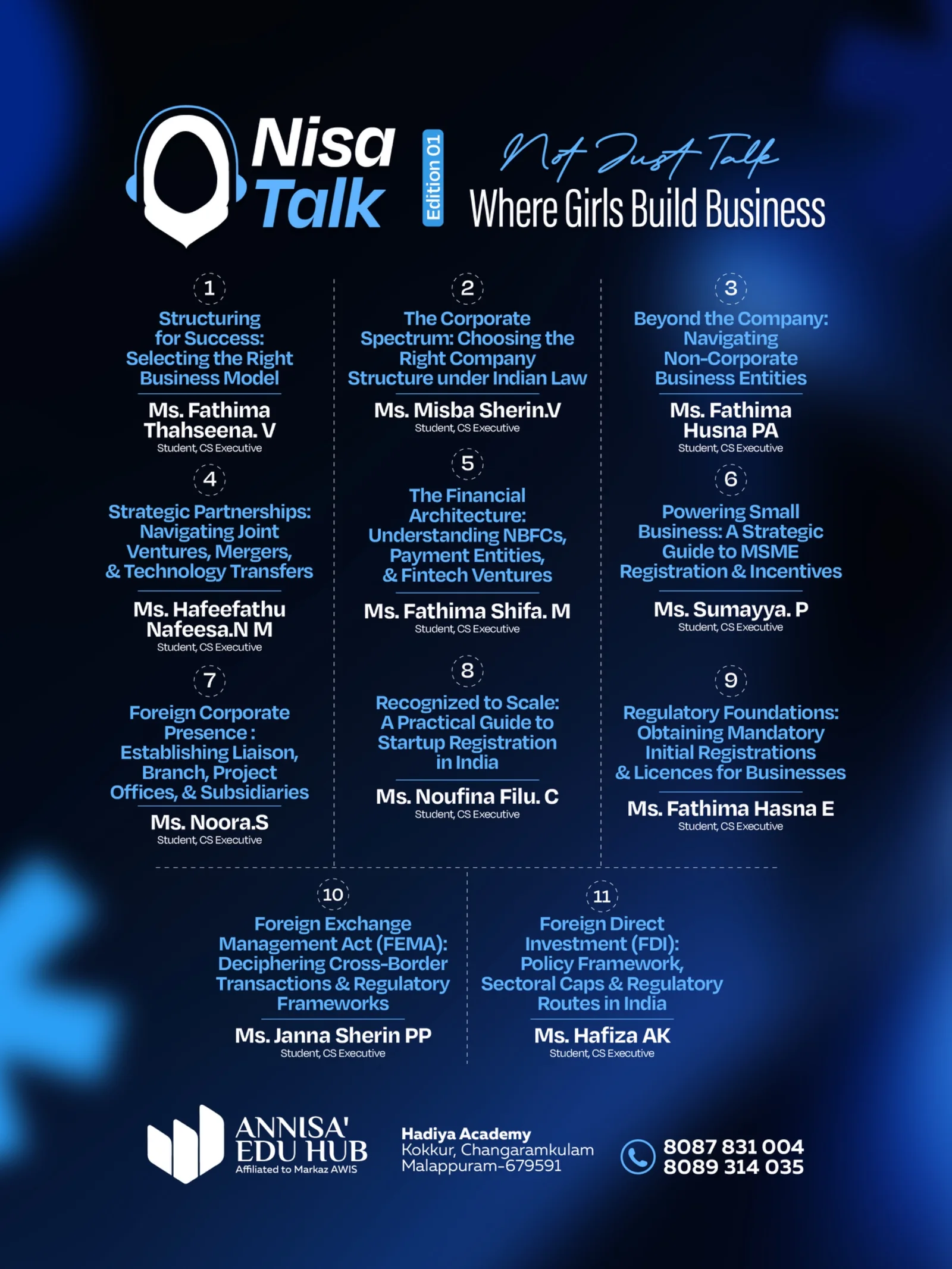 Nisa Talk Edition 01: sessions 1 to 11 with topics and speakers
