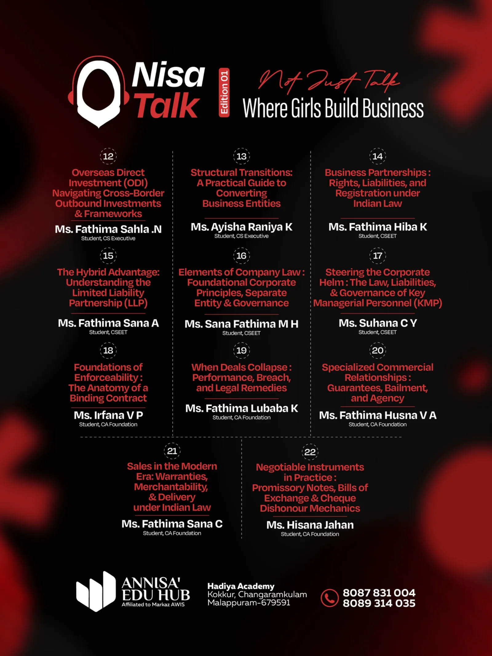 Nisa Talk Edition 01: sessions 12 to 22 with topics and speakers