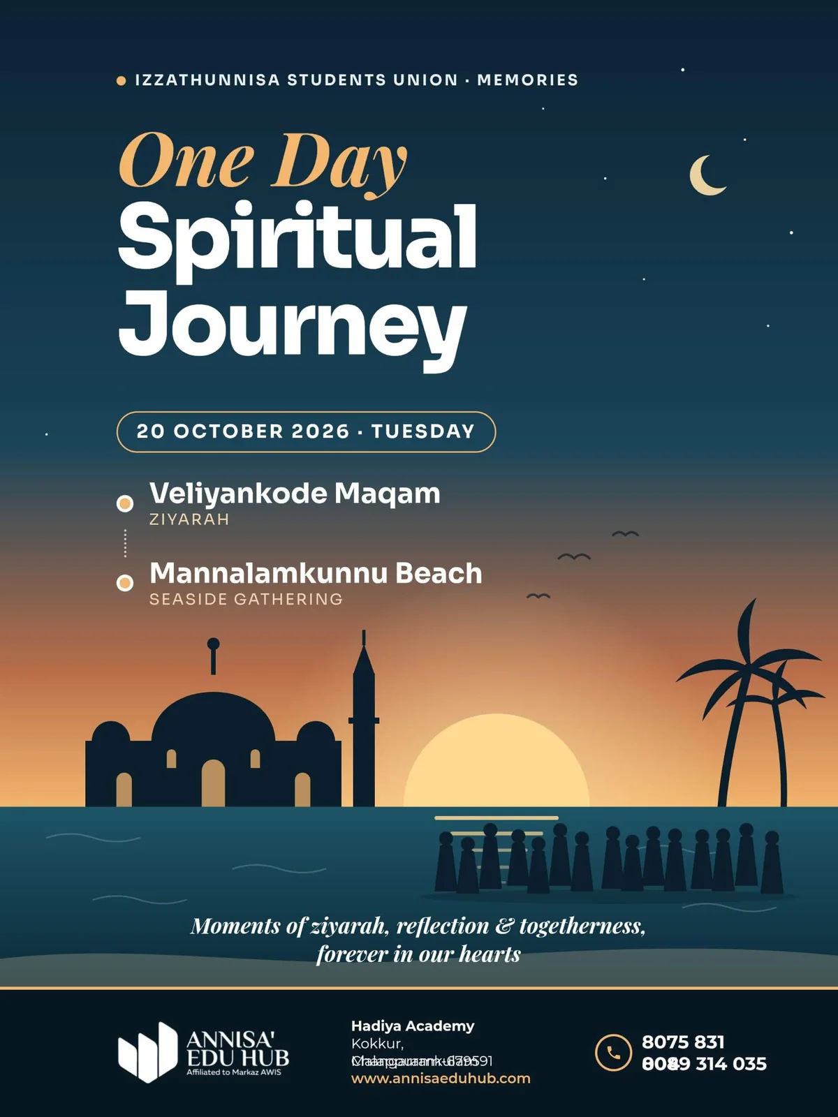 One Day Spiritual Journey, 20 October 2026: Veliyankode Maqam ziyarah and Mannalamkunnu Beach